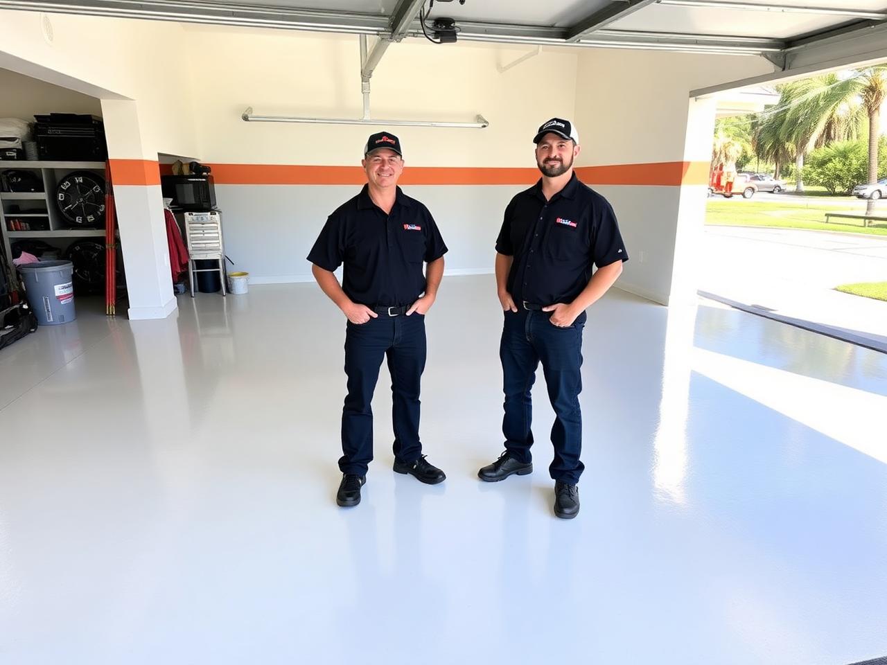Shoreline Coatings crew standing on a finished garage floor